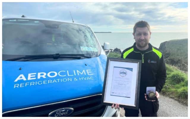 Andy White, Service Director, celebrates as AeroClime Refrigeration & HVAC was honoured with the Business All-Star Rising Star 2026 accreditation from the All-Ireland Business Foundation