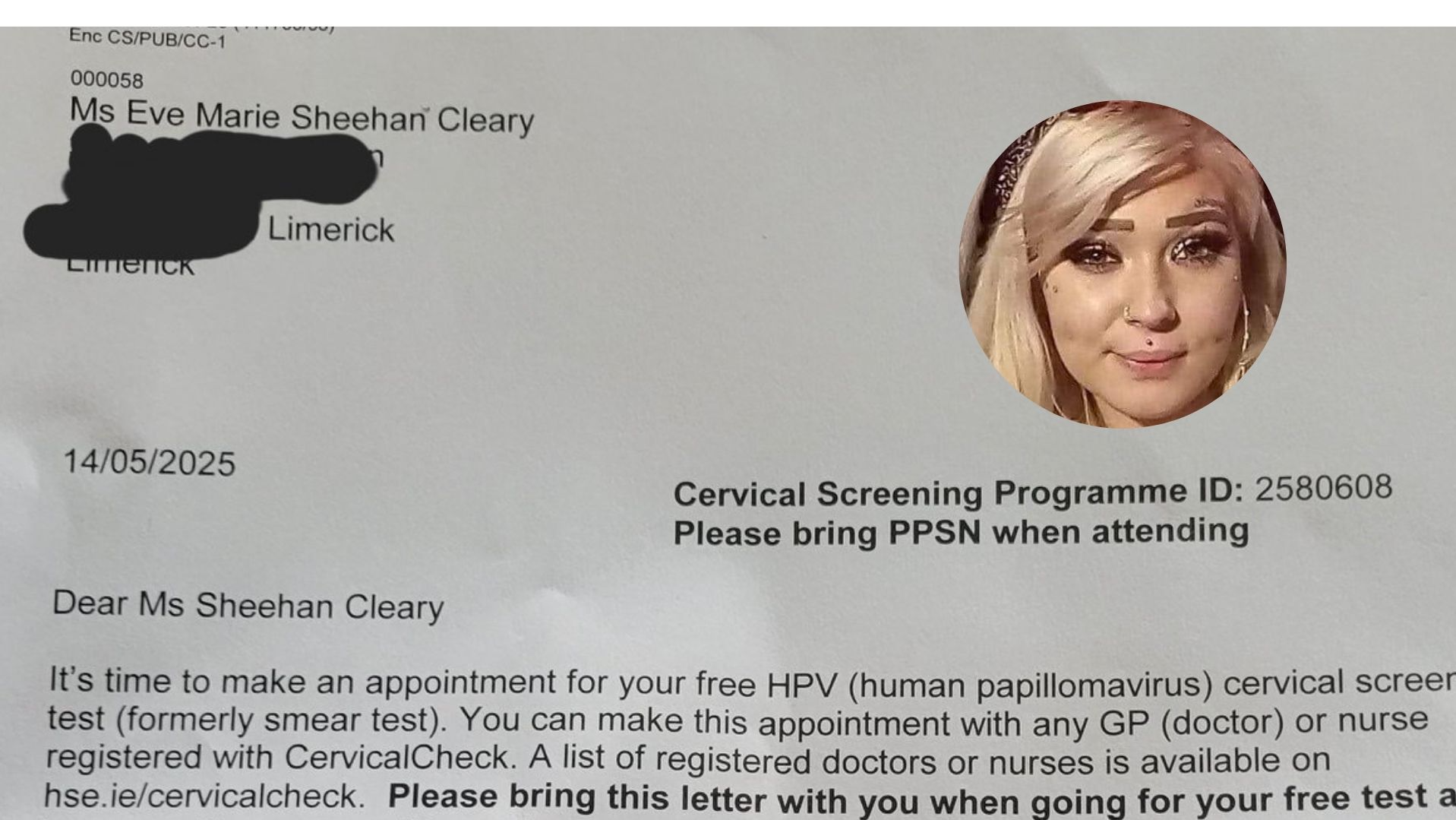 The letter from Cervical Ireland sent to the late Eve Cleary (inset)