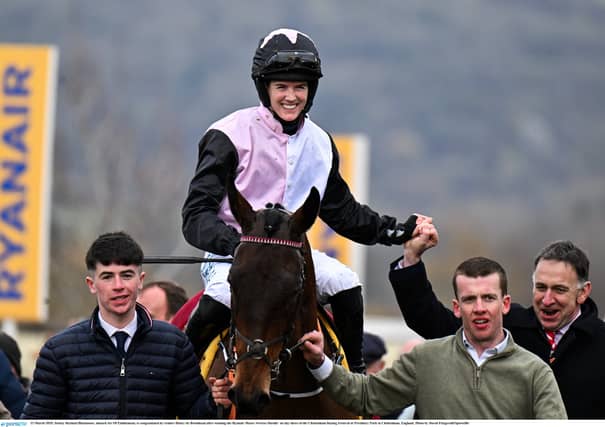 Henry De Bromhead congratulates Rachael Blackmore after her win on Bob Olinger in the Stayer's Hurdle at Cheltenham 2025