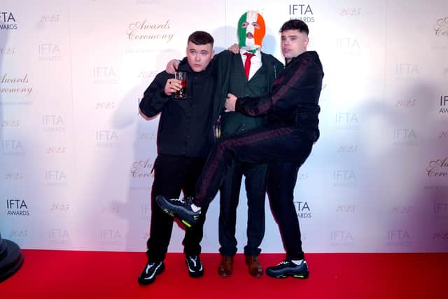 Say Nothing’s Anthony Boyle wrapped his arms around his fellow actor on the series Tom Vaughan-Lawlor while he was being interviewed, explaining that he was “in that energy” after speaking to Kneecap.