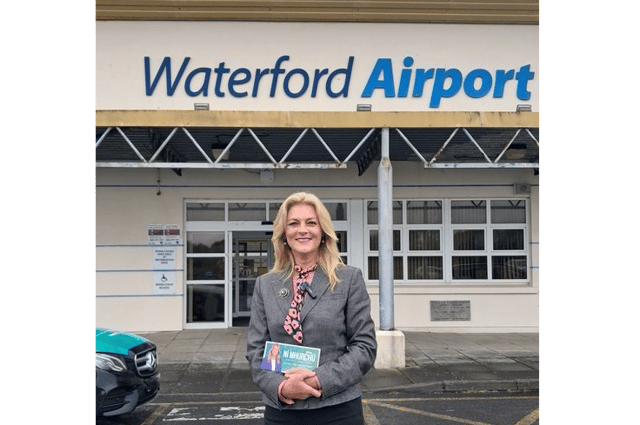 Cynthia Ní Mhurchu pictured outside Waterford Airport while campaigning ahead of the European Parliament Elections in June