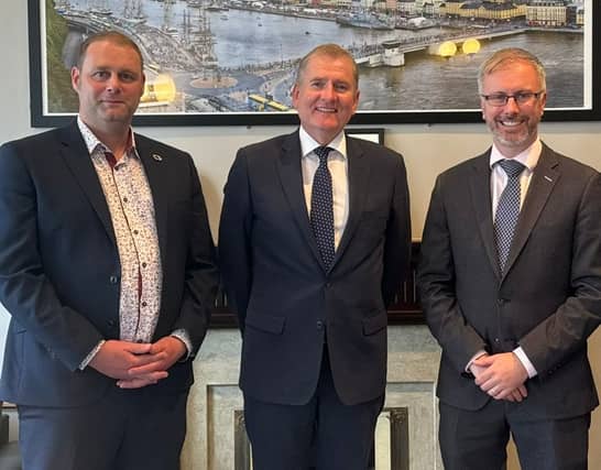 Marc O Cathasaigh pictured with Seán McKeown, CEO of Waterford City and County Council and Green Party Leader Roderic O'Gorman