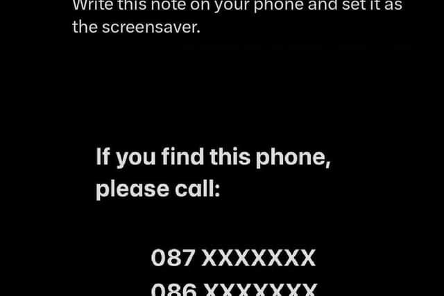 Tech journalist Jess Kelly shared a sample screenshot on X ahead of the Stradbally festival this weekend, advising festival goers to set their lock screen to show emergency contact numbers in case it goes missing. 