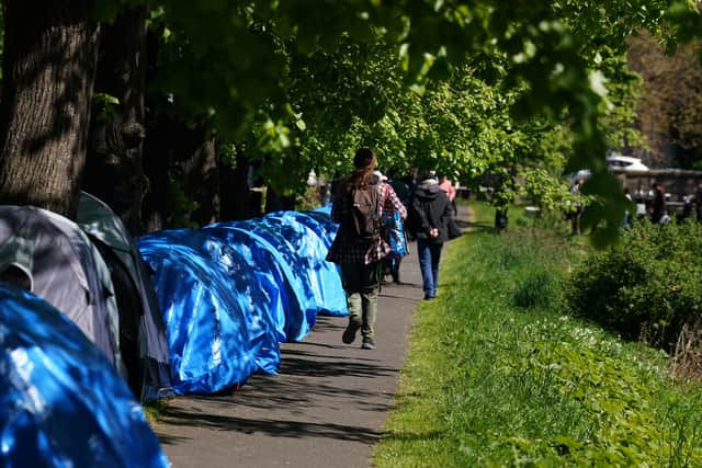 More than 70 tents were pitched in lines on both banks of the canal in the area around the Mount Street Bridge on Sunday.