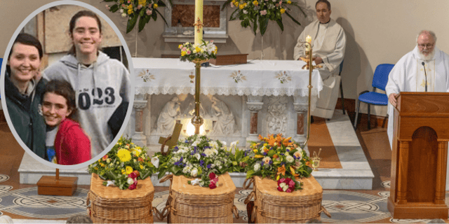 The wicker caskets of (inset) Una, Ciara and Saoirse Bowden at St Eunan's Church in Raphoe. (North West Newspix)