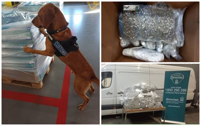 The suspect was detained after gardaí were alerted to the discovery of 55 kilograms of herbal cannabis which was found concealed within a consignment of bottled water and garden supplies