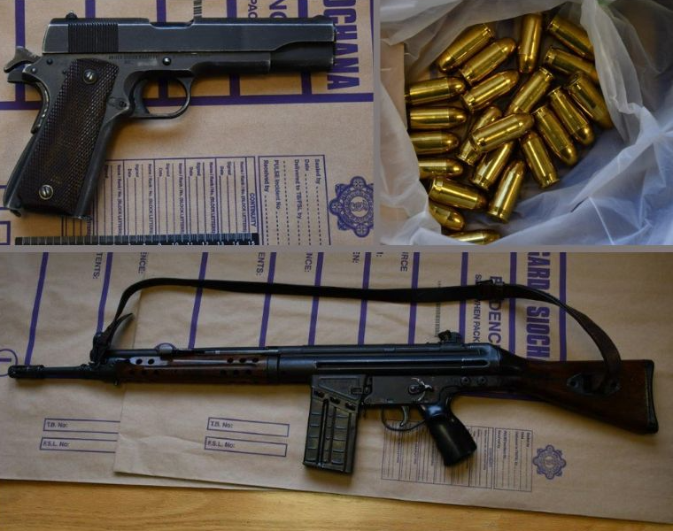 Gardai say a M1911 Handgun and a G3 Rifle were found during a search of the vehicle along with 40 rounds of ammunition