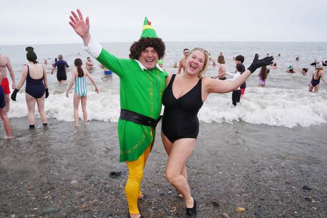 A number of other attendees also donned seasonal fancy dress to face the cold water swim, with costumes including elves, turkeys and snowmen.