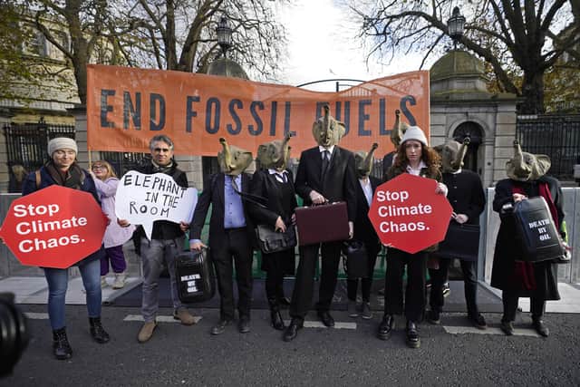 People dressed in elephant masks and suits as they called for Ireland to switch away from its dependence on fossil fuels without exacerbating the lives of those who are already struggling to pay electricity bills.