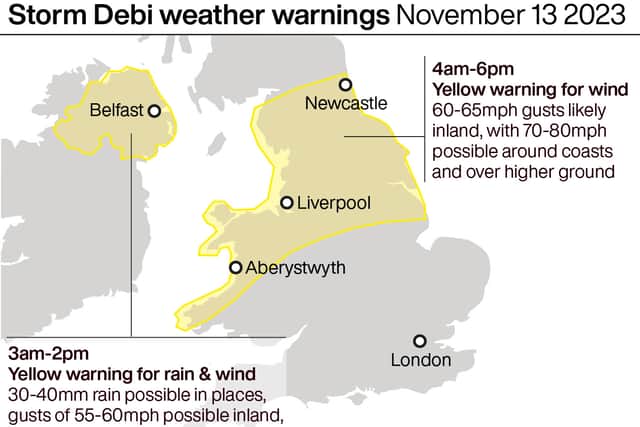 Met Eireann is advising it will be “very windy or stormy” due to Storm Debi across the entire country, accompanied by heavy rain with a chance of embedded thunderstorms and hail.