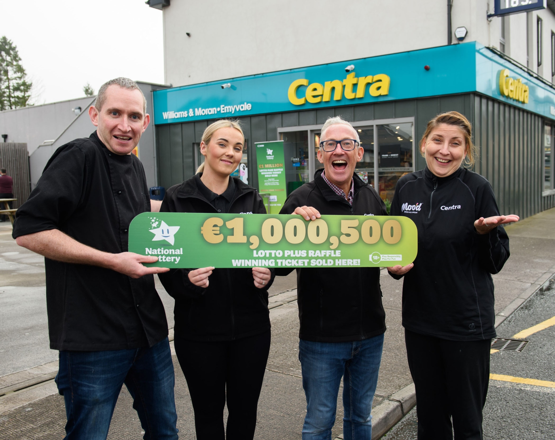 Damien Meehan, Sarah McDonnell, Glyn Williams and Sharon McCaffrey, staff from Centra on the Main Street in Emyvale where the winning ticket was sold | PICTURE:  Rory Geary / Mac Innes Photography