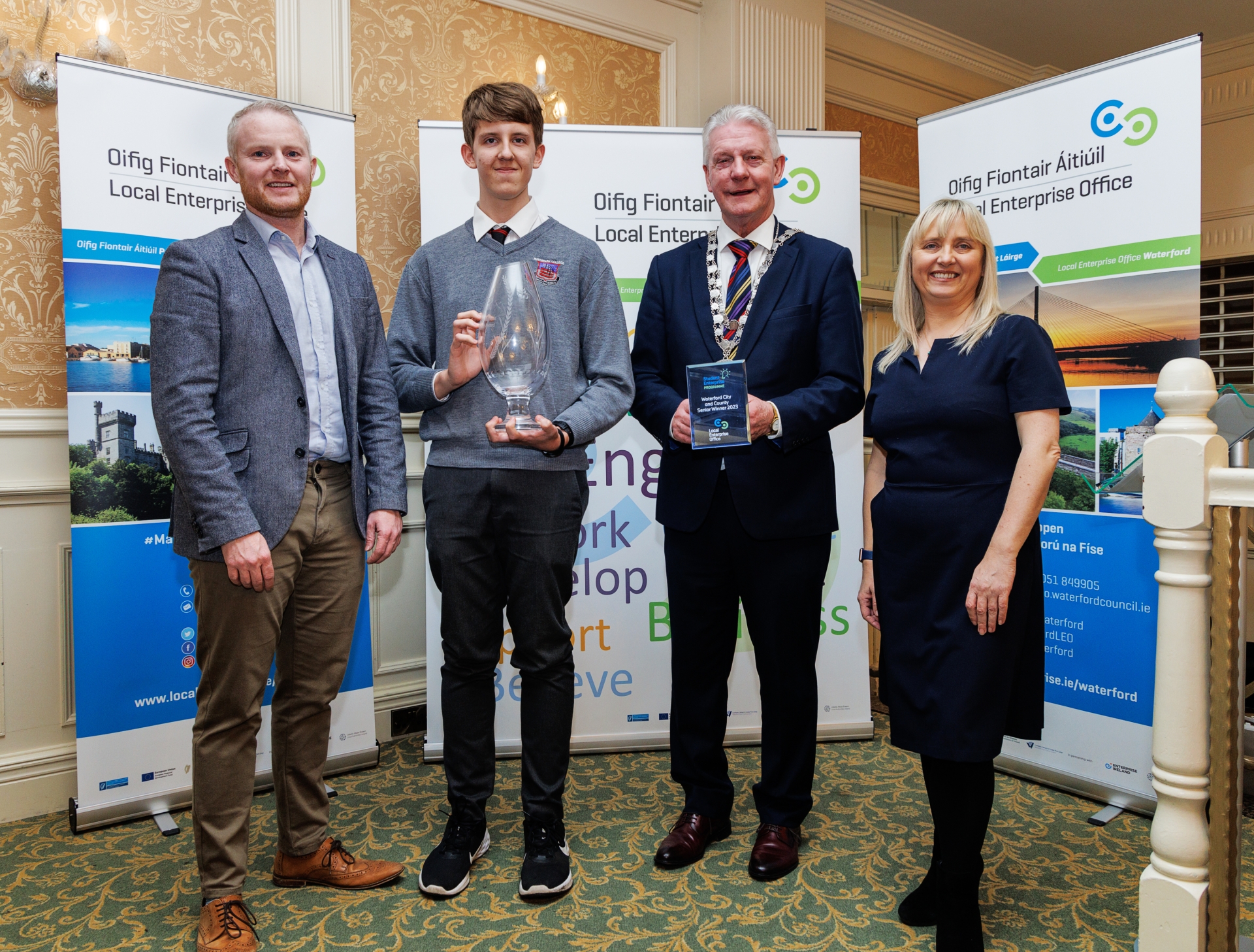 John O’Leary (Mayor Waterford City & County Council), Jacqui Gaulle (Acting Head of Enterprise LEO Waterford) and David Walsh (Business Advisor LEO Waterford) presenting 1st Prize to Nathan Sfendji.