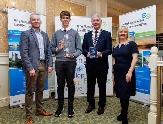 John O’Leary (Mayor Waterford City & County Council), Jacqui Gaulle (Acting Head of Enterprise LEO Waterford) and David Walsh (Business Advisor LEO Waterford) presenting 1st Prize to Nathan Sfendji.