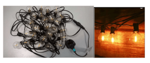 The product - Tomshine IP45 Outdoor String Lights Main Powered 39FT G40 Bulbs (ASIN B089W3YKYJ, model GY-E12-25L) - reportedly does not comply with the requirements of the relevant safety standards. 