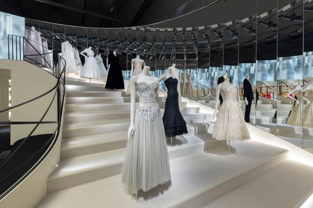 Split into 10 sections, the exhibition concludes with a recreation of the mirrored staircase from Chanel’s Paris atelier.