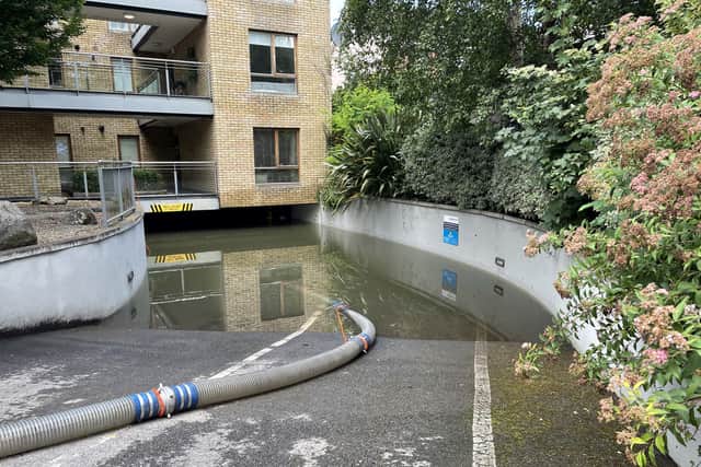 Water appeared to still be up to the ceiling of the basement later on Saturday, as Dublin Fire Brigade and Dublin City Council continued to pump the water out.