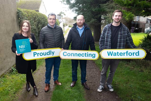 Justine Judge, National Broadband Ireland, Jack Doyle, Waterford County Council, Jamie Moroney, MTS Media Ltd and Max Halley, one of the first customers connected in the Waterford Deployment Area