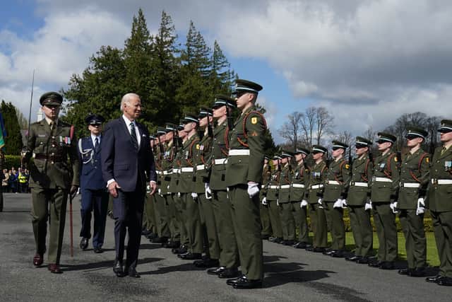 Under bright blue skies and with the sun shining down – in contrast to the soggy outings for the first part of his trip – Mr Biden stood on the red carpet in the lush green surroundings of the residence in Dublin’s Phoenix Park as the US and Irish national anthems were played.