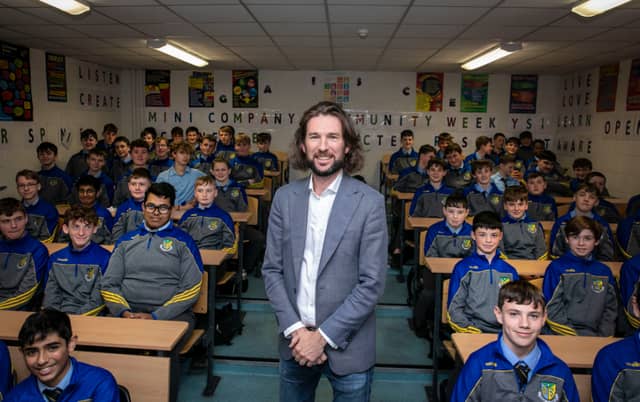 Peter McGarry, founder of The Earth Prize with students at his old school Naas CBS. PIC BY: Orla Murray, Coalesce