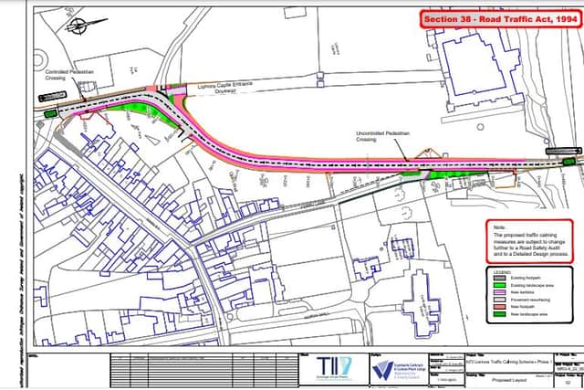 Reducing the width of the main road and improving pedestrian facilities will enhance this section of the N72 approaching Lismore town, the local authority adds.