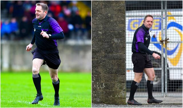 Referee Barry Nea attempts to return to the dressing room but is locked out while retrieving his whistle. Credit ©INPHO/Ken Sutton