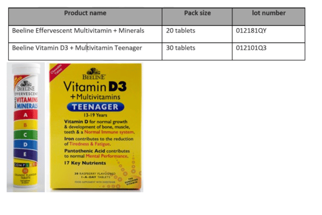 The batch numbers of the Beeline multivitamin products which have been recalled are listed below. 