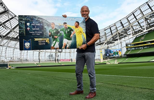 Irish legend Paul McGrath promoting tickets for the Qatar game at the Aviva Stadium