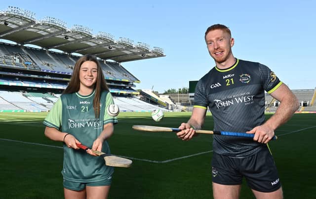 John West Féile Ambassador, Limerick hurler Cian Lynch (r), and Whitehall Colmcille’s Ella Troy at the launch of John West Féile, 2021 at Croke Park. Photo by Sam Barnes/Sportsfile