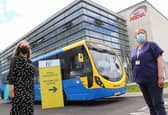 Sinéad Hearne, AVL Manager, Bus Éireann, and Claire Tully, WIT Arena Vaccinations Centre, Operations Manager, HSE