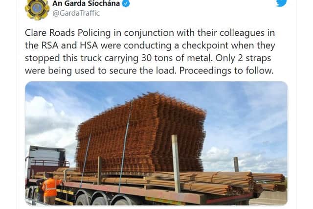 Gardaí, who were operating a checkpoint with the Road Safety Authority (RSA) and the Health and Safety Authority (HSA), said the total weight of the load was 30 tonnes. 