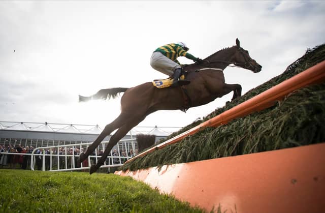 BoyleSports Champion Chase contender Great Field and Jody McGarvey jumping to victory in the 2017 Ryanair Novice Chase at the Punchestown Festival. Image: Racing Post Photos