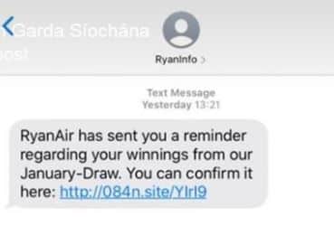 The second message claims to be from "RyanInfo" and asks people to click into a link to see their winnings from a draw.  
