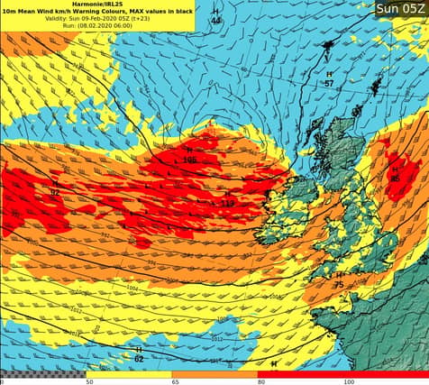 Met Éireann Storm Ciara weather chart shows patches of level red winds off the coast of Ireland.