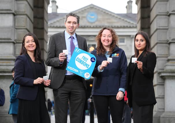 HSE to make condoms and sexual health information freely available to third-level students. Maeve O’Brien (HSE), Minister for Health Simon Harris, Róisín O'Donovan (USI) and Anita Ghafoor-Butt (HSE)