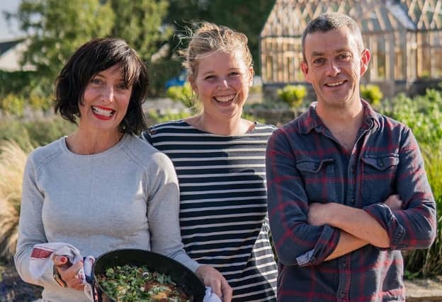 Presenters Karen O'Donohoe (left) and Michael Kelly with chef Katie Sanderson