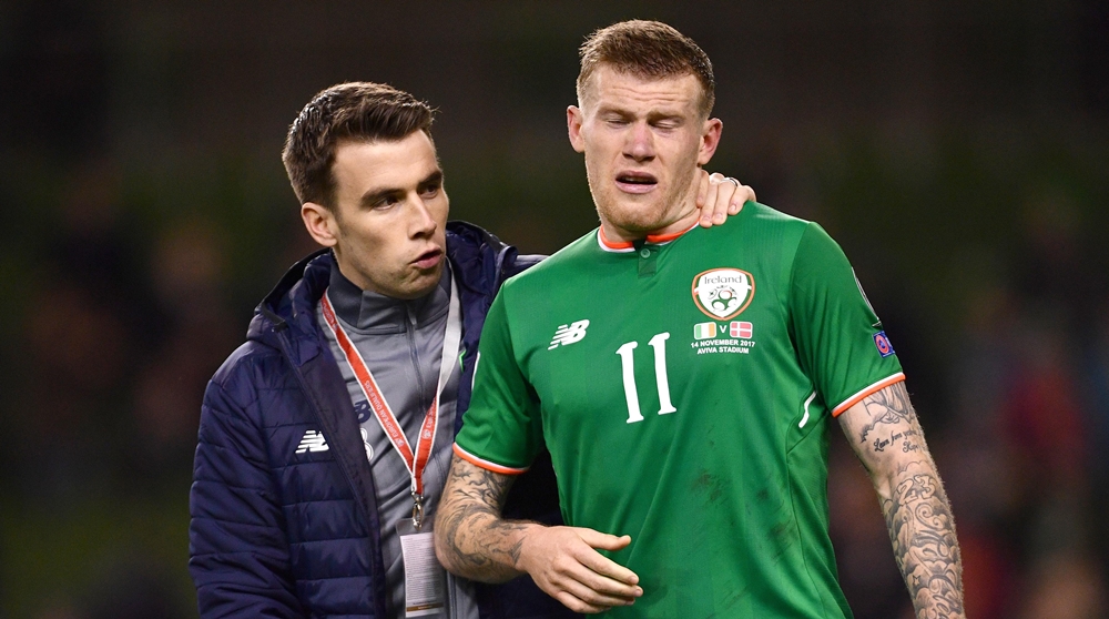 Seamus Coleman consoles James McClean after Tuesday night's defeat to Denmark.