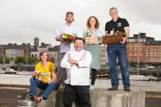 Grainne Walsh (Metal Man Brewing) and Eric Theze (La Boheme Restaurant) Back row: Cian Hawes (Pure Food Company), Nicola Crowley (Mezze) and Timmy Ryan (Anchor Spirits) Pic: Patrick Browne