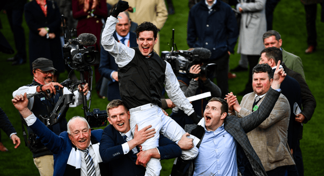 Danny Mullins celebrates Flooring Porter's win at Cheltenham PIC: Sportsfile
