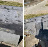 The picnic table at Annestown Beach with a chunk missing