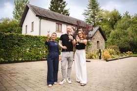 Mark Allen pictured outside the property with Jenna Lee and Megan O’Regan Byrne of Blaa Giveaways