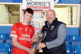 Brendan Breen (right) was at Fraher Field last week to see Stradbally U16 hurlers win the Division 1A trophy and present the trophy to the winning Stradbally captain