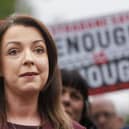Infrastructure Minister Liz Kimmins speaking to media outside the Court of Appeal in Belfast