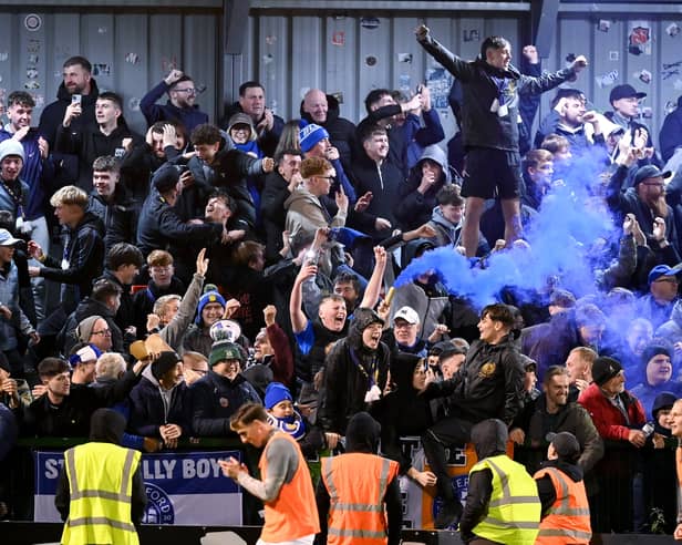Blues fans celebrate after Tommy Lonergan put their side 2-0 up against Bohemians in the FAI Cup semi-final