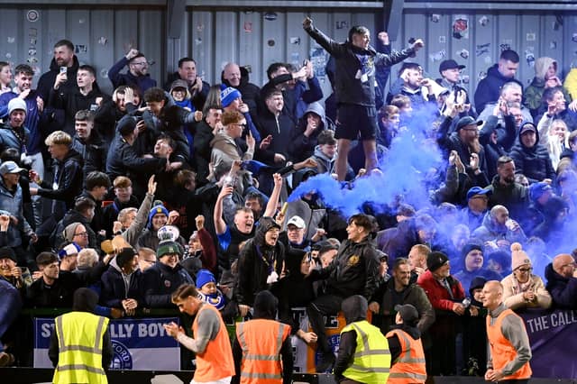 Blues fans celebrate after Tommy Lonergan put their side 2-0 up against Bohemians in the FAI Cup semi-final