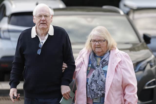 Michael Gallagher with his wife, Patsy, arrives at Bradford Court in Belfast (Liam McBurney/PA) 