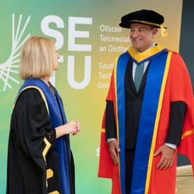 Former Taoiseach Leo Varadkar in conversation with SETU President Veronica Campbell